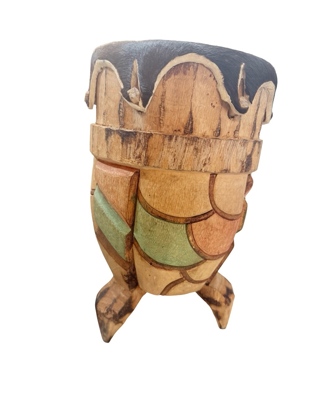 Hand Carved Wood Drum Fur Head Folk Art Tribal Boho Accent